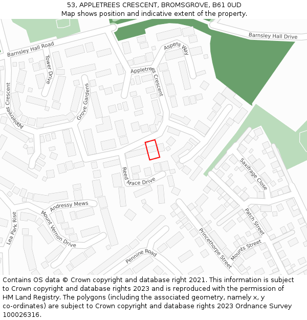 53, APPLETREES CRESCENT, BROMSGROVE, B61 0UD: Location map and indicative extent of plot