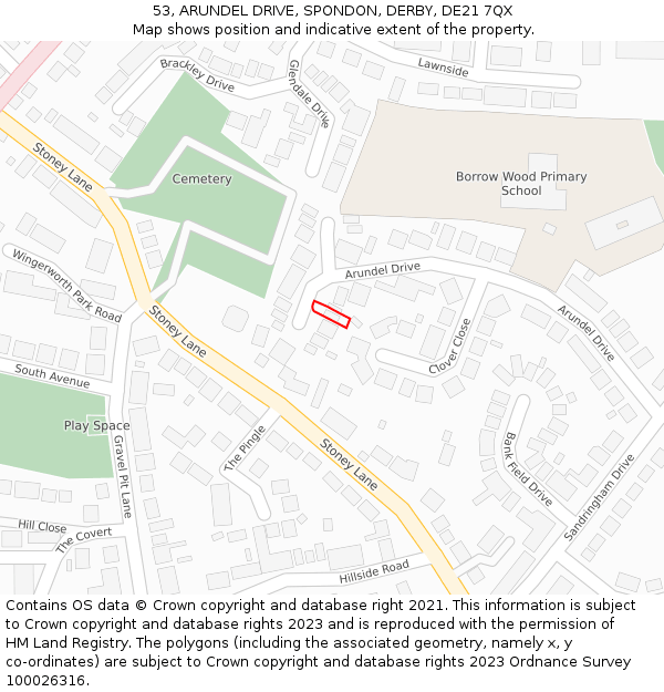 53, ARUNDEL DRIVE, SPONDON, DERBY, DE21 7QX: Location map and indicative extent of plot
