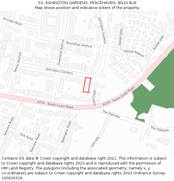 53, ASHINGTON GARDENS, PEACEHAVEN, BN10 8UE: Location map and indicative extent of plot