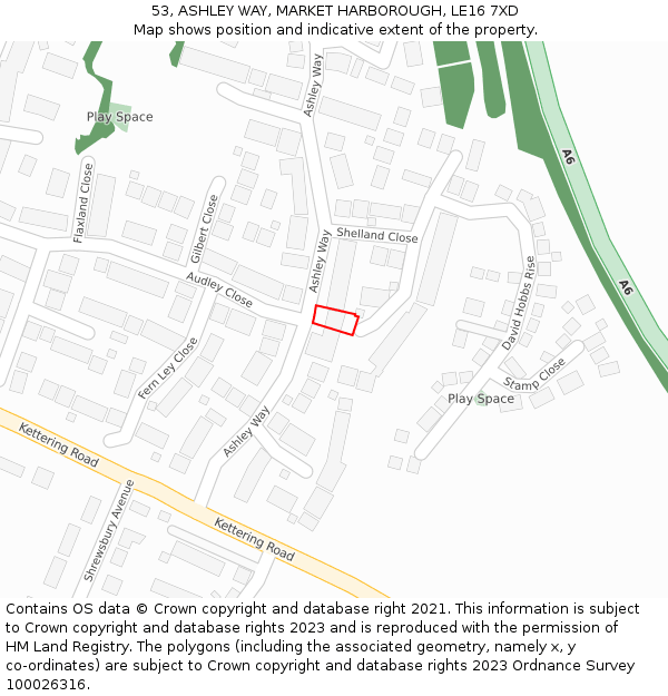 53, ASHLEY WAY, MARKET HARBOROUGH, LE16 7XD: Location map and indicative extent of plot