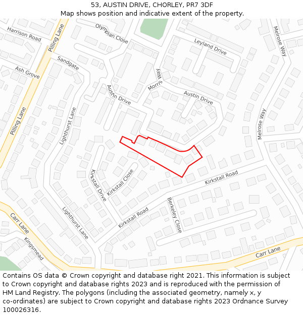 53, AUSTIN DRIVE, CHORLEY, PR7 3DF: Location map and indicative extent of plot