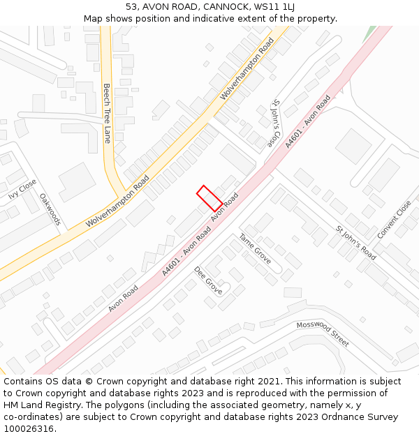 53, AVON ROAD, CANNOCK, WS11 1LJ: Location map and indicative extent of plot