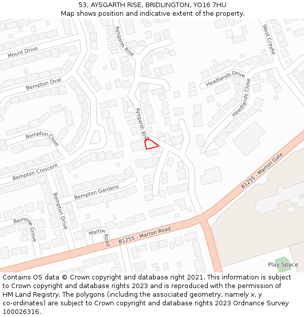 53, AYSGARTH RISE, BRIDLINGTON, YO16 7HU: Location map and indicative extent of plot