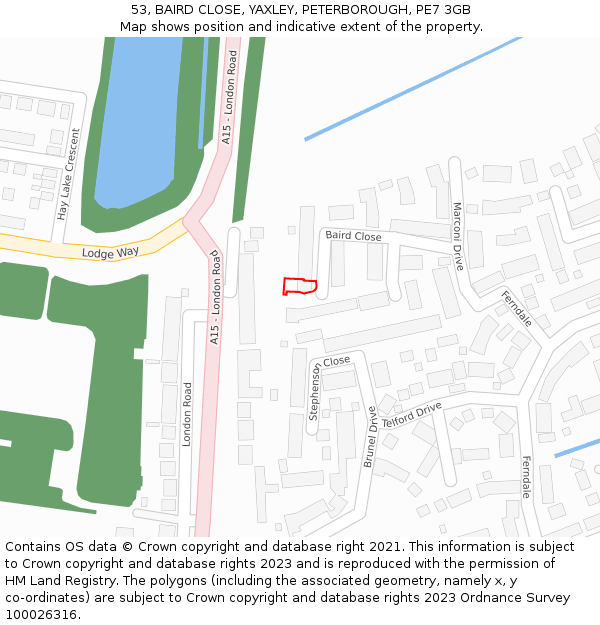 53, BAIRD CLOSE, YAXLEY, PETERBOROUGH, PE7 3GB: Location map and indicative extent of plot