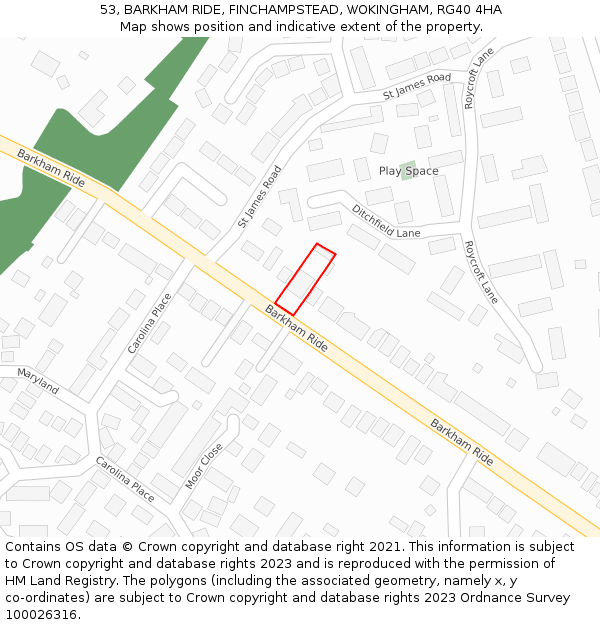 53, BARKHAM RIDE, FINCHAMPSTEAD, WOKINGHAM, RG40 4HA: Location map and indicative extent of plot