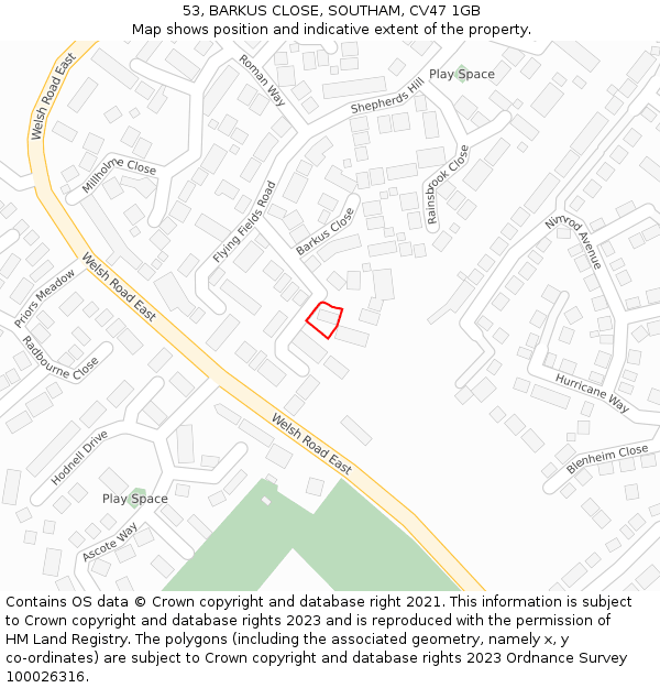 53, BARKUS CLOSE, SOUTHAM, CV47 1GB: Location map and indicative extent of plot