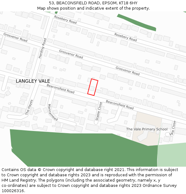 53, BEACONSFIELD ROAD, EPSOM, KT18 6HY: Location map and indicative extent of plot