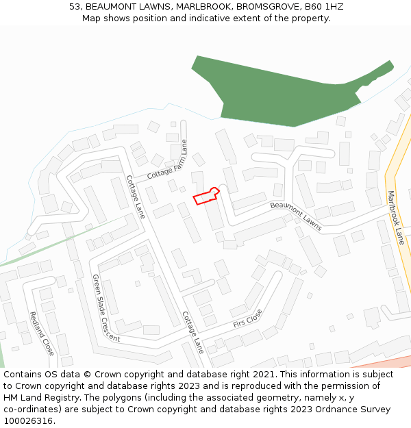 53, BEAUMONT LAWNS, MARLBROOK, BROMSGROVE, B60 1HZ: Location map and indicative extent of plot