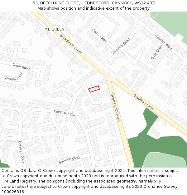 53, BEECH PINE CLOSE, HEDNESFORD, CANNOCK, WS12 4RZ: Location map and indicative extent of plot