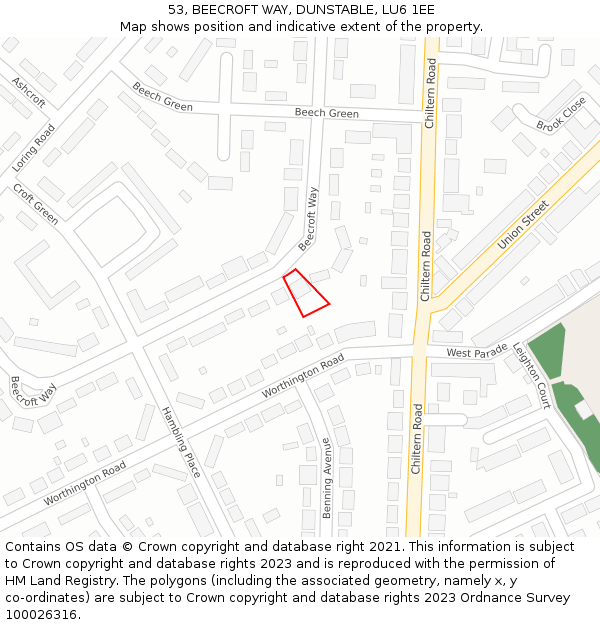 53, BEECROFT WAY, DUNSTABLE, LU6 1EE: Location map and indicative extent of plot