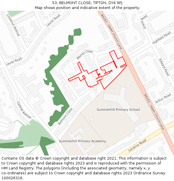 53, BELMONT CLOSE, TIPTON, DY4 9PJ: Location map and indicative extent of plot