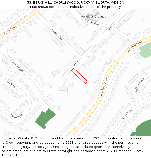 53, BERKS HILL, CHORLEYWOOD, RICKMANSWORTH, WD3 5AJ: Location map and indicative extent of plot