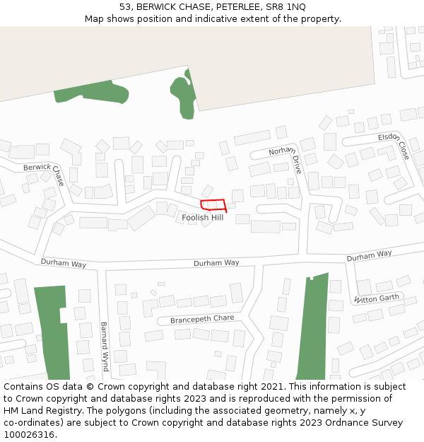 53, BERWICK CHASE, PETERLEE, SR8 1NQ: Location map and indicative extent of plot
