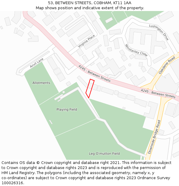 53, BETWEEN STREETS, COBHAM, KT11 1AA: Location map and indicative extent of plot