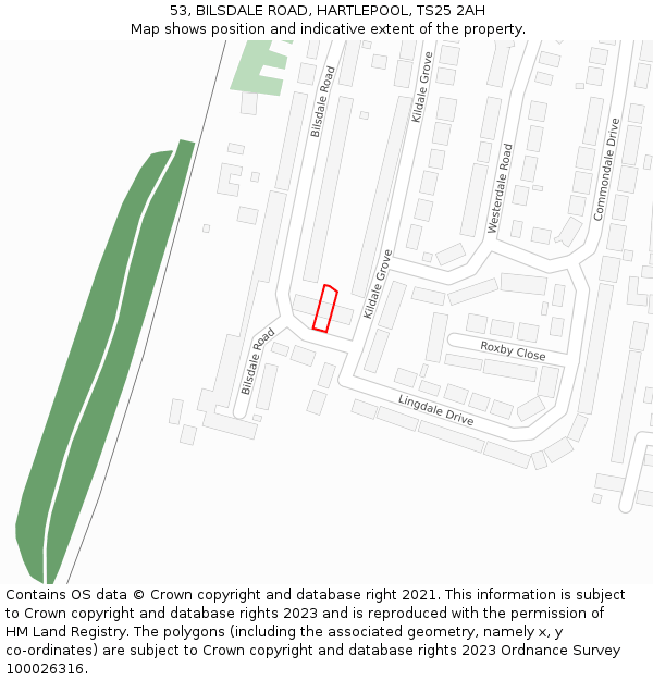 53, BILSDALE ROAD, HARTLEPOOL, TS25 2AH: Location map and indicative extent of plot