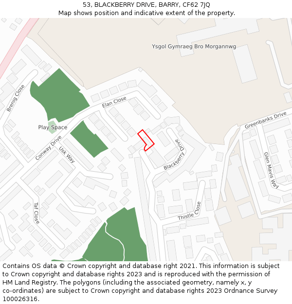 53, BLACKBERRY DRIVE, BARRY, CF62 7JQ: Location map and indicative extent of plot