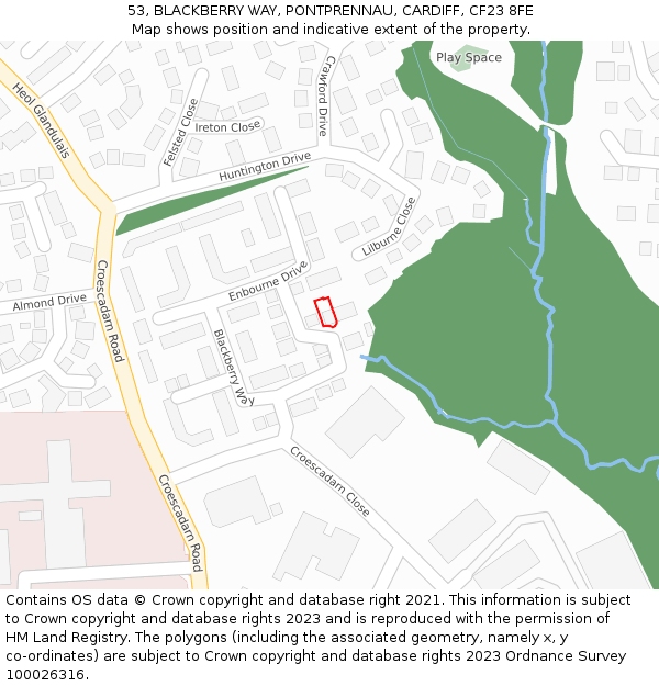 53, BLACKBERRY WAY, PONTPRENNAU, CARDIFF, CF23 8FE: Location map and indicative extent of plot