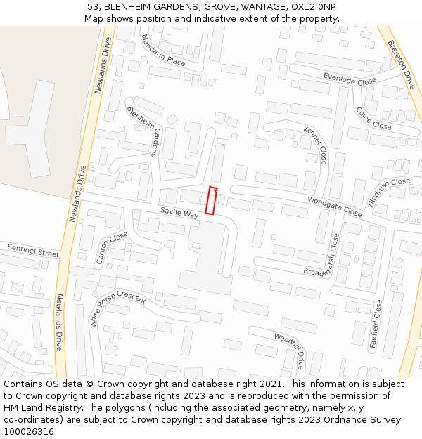 53, BLENHEIM GARDENS, GROVE, WANTAGE, OX12 0NP: Location map and indicative extent of plot