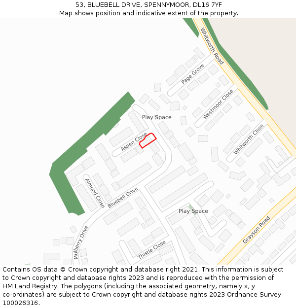 53, BLUEBELL DRIVE, SPENNYMOOR, DL16 7YF: Location map and indicative extent of plot