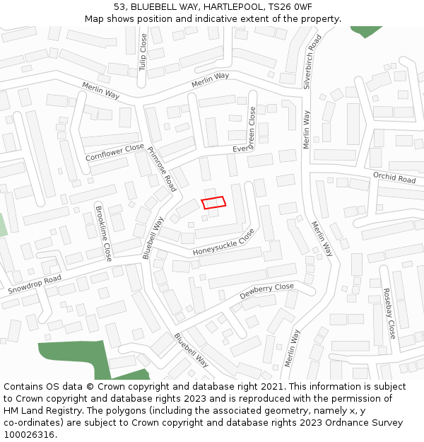 53, BLUEBELL WAY, HARTLEPOOL, TS26 0WF: Location map and indicative extent of plot