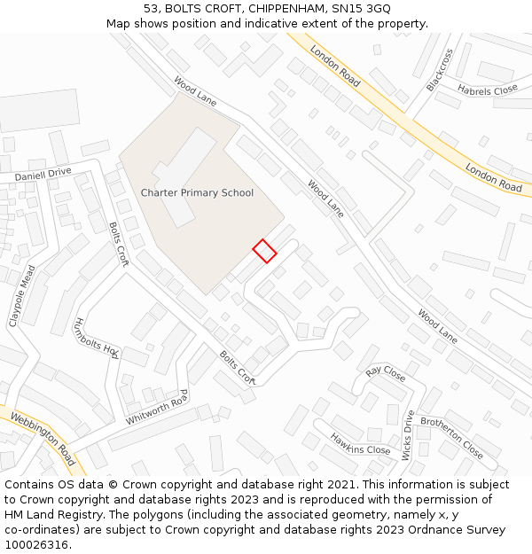 53, BOLTS CROFT, CHIPPENHAM, SN15 3GQ: Location map and indicative extent of plot