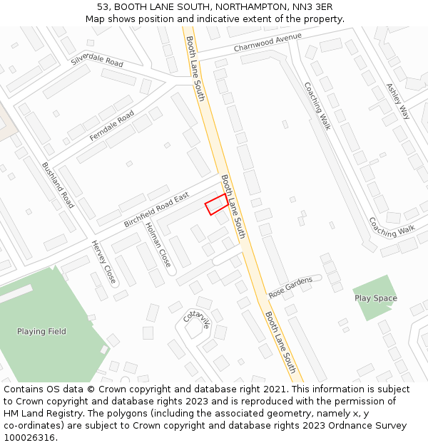 53, BOOTH LANE SOUTH, NORTHAMPTON, NN3 3ER: Location map and indicative extent of plot