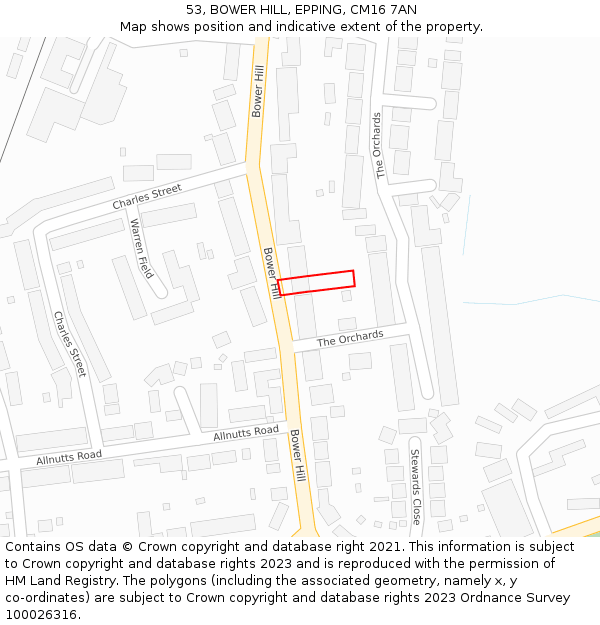 53, BOWER HILL, EPPING, CM16 7AN: Location map and indicative extent of plot