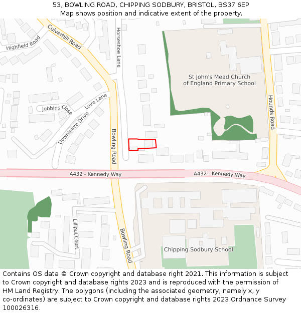 53, BOWLING ROAD, CHIPPING SODBURY, BRISTOL, BS37 6EP: Location map and indicative extent of plot