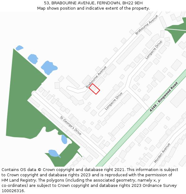 53, BRABOURNE AVENUE, FERNDOWN, BH22 9EH: Location map and indicative extent of plot