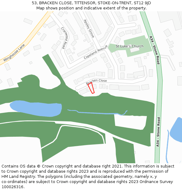 53, BRACKEN CLOSE, TITTENSOR, STOKE-ON-TRENT, ST12 9JD: Location map and indicative extent of plot