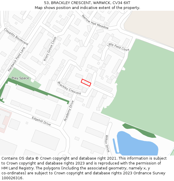 53, BRACKLEY CRESCENT, WARWICK, CV34 6XT: Location map and indicative extent of plot