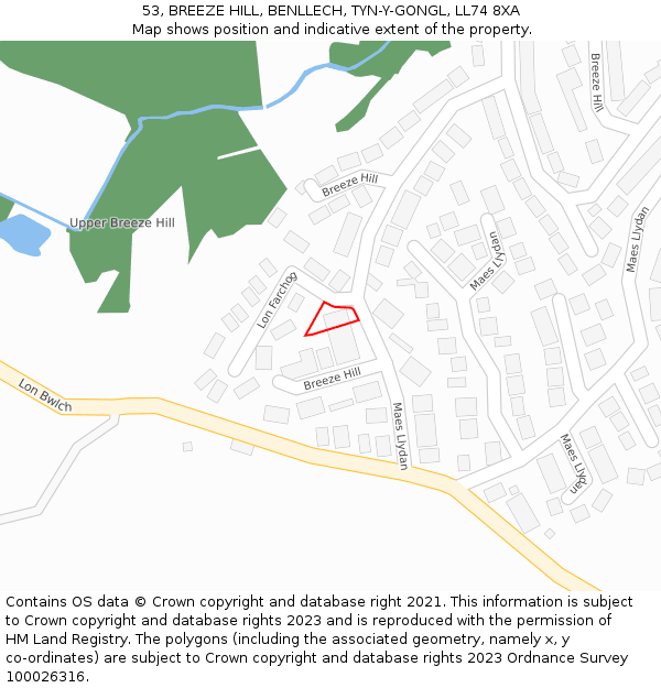 53, BREEZE HILL, BENLLECH, TYN-Y-GONGL, LL74 8XA: Location map and indicative extent of plot