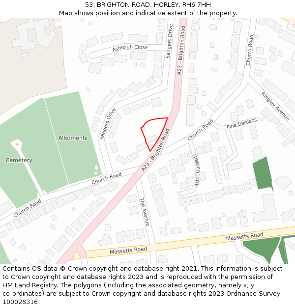 53, BRIGHTON ROAD, HORLEY, RH6 7HH: Location map and indicative extent of plot