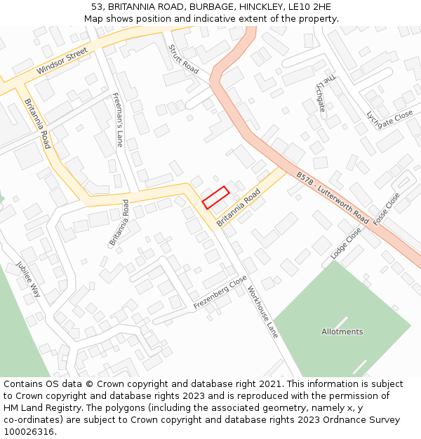 53, BRITANNIA ROAD, BURBAGE, HINCKLEY, LE10 2HE: Location map and indicative extent of plot