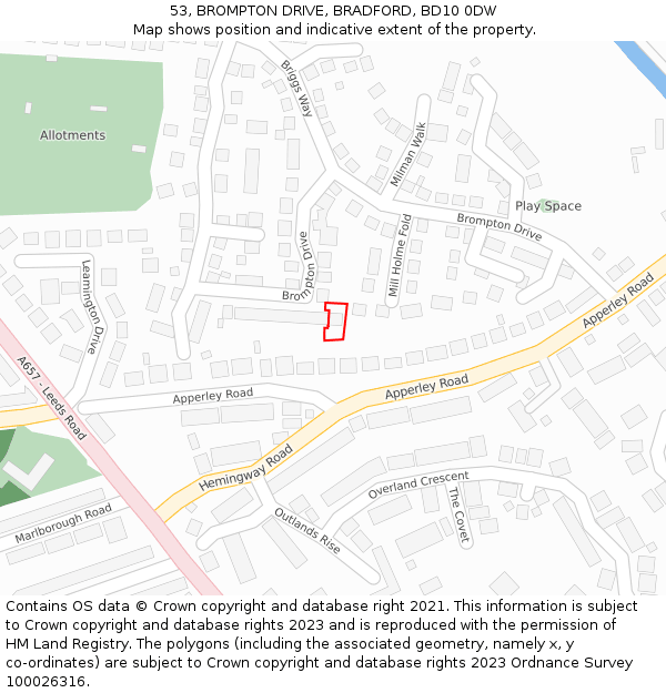 53, BROMPTON DRIVE, BRADFORD, BD10 0DW: Location map and indicative extent of plot