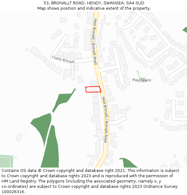 53, BRONALLT ROAD, HENDY, SWANSEA, SA4 0UD: Location map and indicative extent of plot