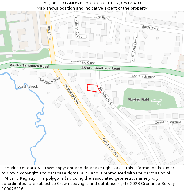 53, BROOKLANDS ROAD, CONGLETON, CW12 4LU: Location map and indicative extent of plot