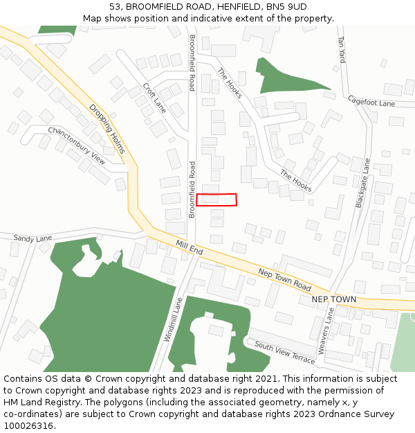 53, BROOMFIELD ROAD, HENFIELD, BN5 9UD: Location map and indicative extent of plot