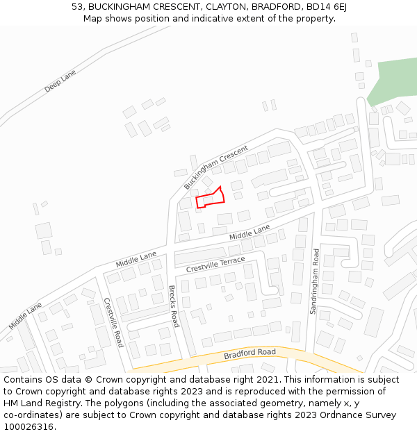 53, BUCKINGHAM CRESCENT, CLAYTON, BRADFORD, BD14 6EJ: Location map and indicative extent of plot