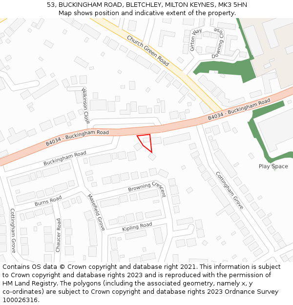 53, BUCKINGHAM ROAD, BLETCHLEY, MILTON KEYNES, MK3 5HN: Location map and indicative extent of plot