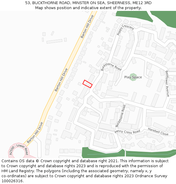 53, BUCKTHORNE ROAD, MINSTER ON SEA, SHEERNESS, ME12 3RD: Location map and indicative extent of plot