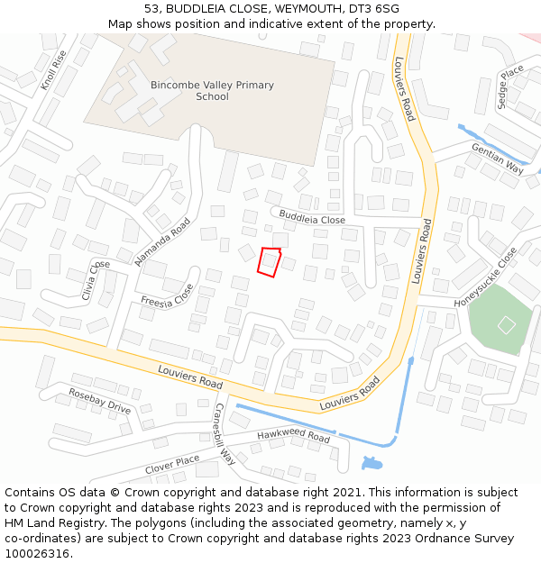 53, BUDDLEIA CLOSE, WEYMOUTH, DT3 6SG: Location map and indicative extent of plot