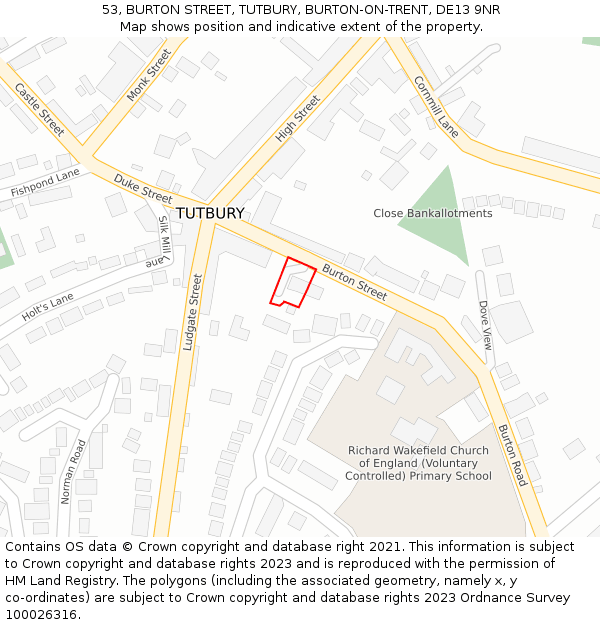 53, BURTON STREET, TUTBURY, BURTON-ON-TRENT, DE13 9NR: Location map and indicative extent of plot