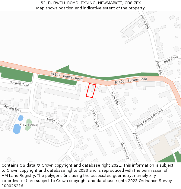 53, BURWELL ROAD, EXNING, NEWMARKET, CB8 7EX: Location map and indicative extent of plot