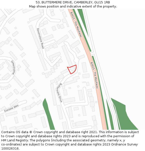 53, BUTTERMERE DRIVE, CAMBERLEY, GU15 1RB: Location map and indicative extent of plot