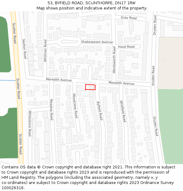 53, BYFIELD ROAD, SCUNTHORPE, DN17 1RW: Location map and indicative extent of plot