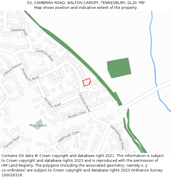 53, CAMBRIAN ROAD, WALTON CARDIFF, TEWKESBURY, GL20 7RP: Location map and indicative extent of plot