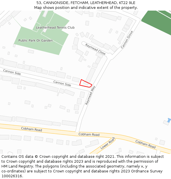 53, CANNONSIDE, FETCHAM, LEATHERHEAD, KT22 9LE: Location map and indicative extent of plot