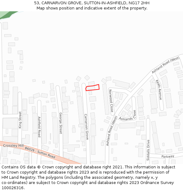 53, CARNARVON GROVE, SUTTON-IN-ASHFIELD, NG17 2HH: Location map and indicative extent of plot