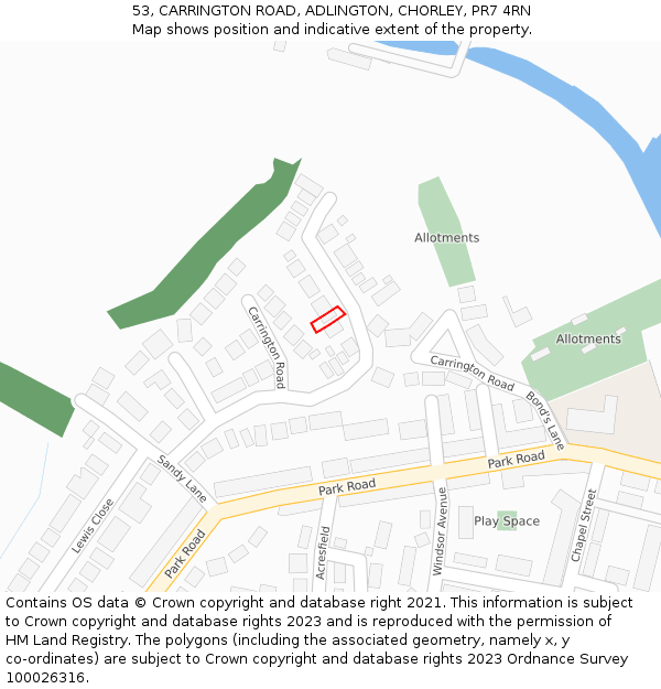 53, CARRINGTON ROAD, ADLINGTON, CHORLEY, PR7 4RN: Location map and indicative extent of plot